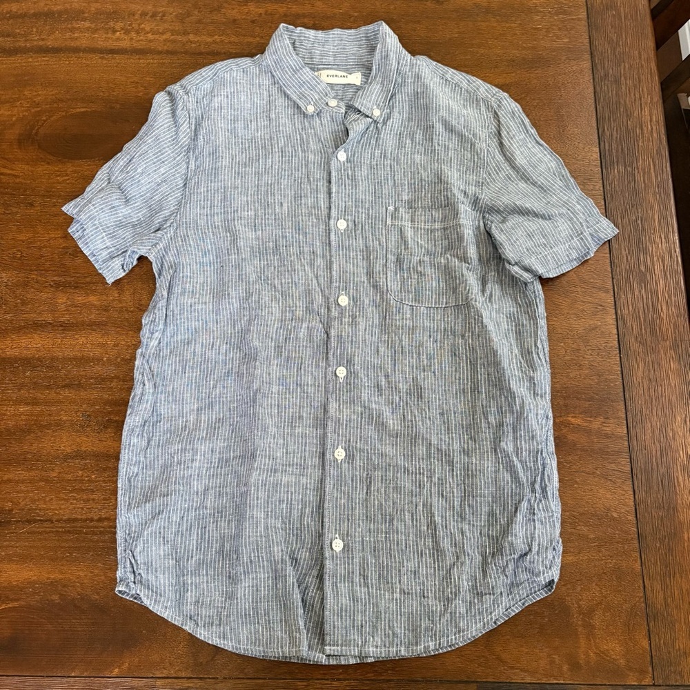 Everlane Blue White Stripe Linen Button Down SS Shirt European Flax Men S